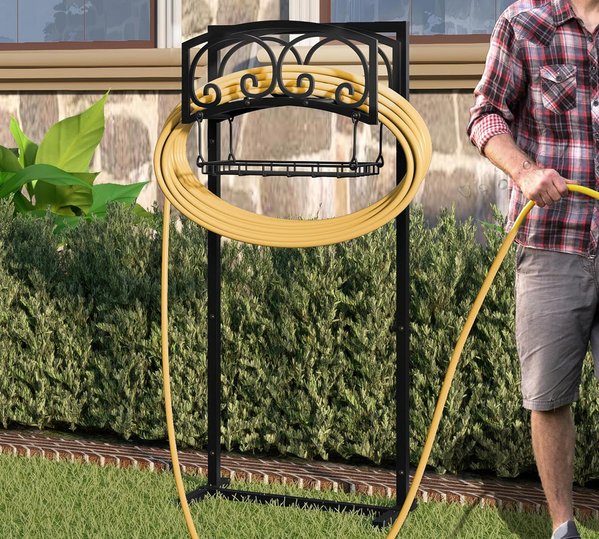 Freestanding Garden Hose Organizer with Black Powder-Coated Finish - Heavy-Duty Detachable Hose Stand Holds 150FT Hose, Includes Storage Basket & Assembly Tools for Outdoor Use