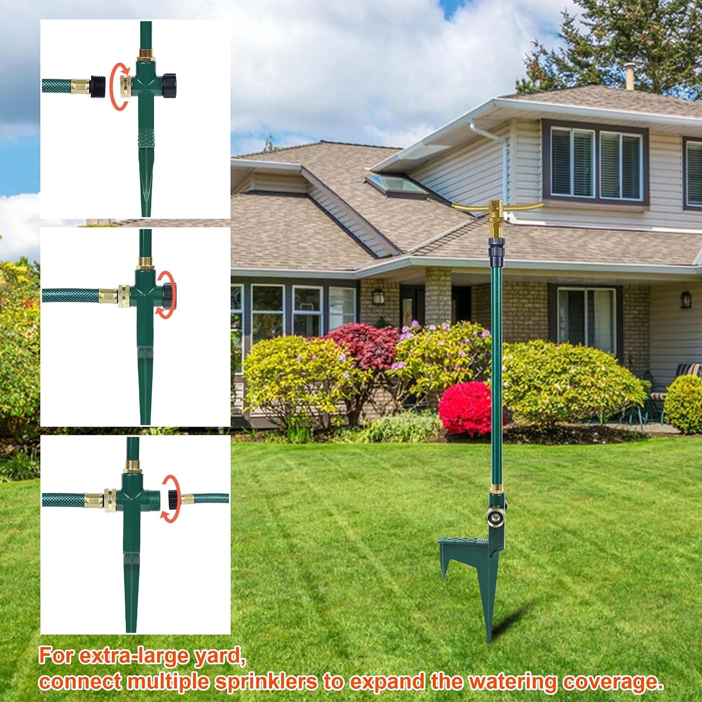 3-Arm Garden Sprinkler, High-Rise Lawn Sprinkler, 360 Degree Rotation Garden Water Sprinklers, Lawn Irrigation System, Gardening Watering System, Large Area Coverage, Green