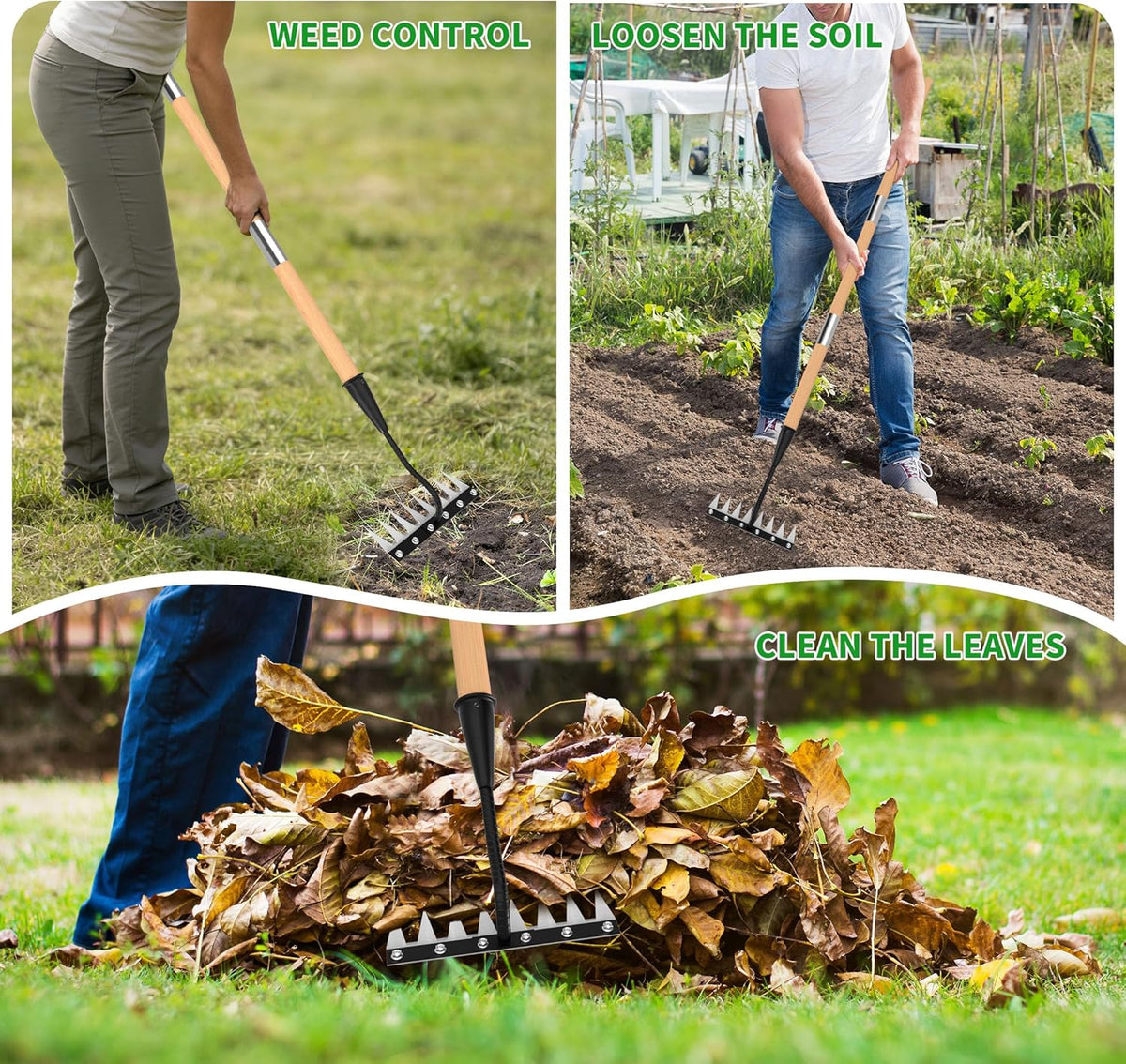 Iron Weeding Rake with Wooden Long Handle 2.0, 8 Teeth Weed Puller Tool Heavy Duty, Manual Gardenia Weed Rake Tool for Yard, Lawn and Garden, 56Inch
