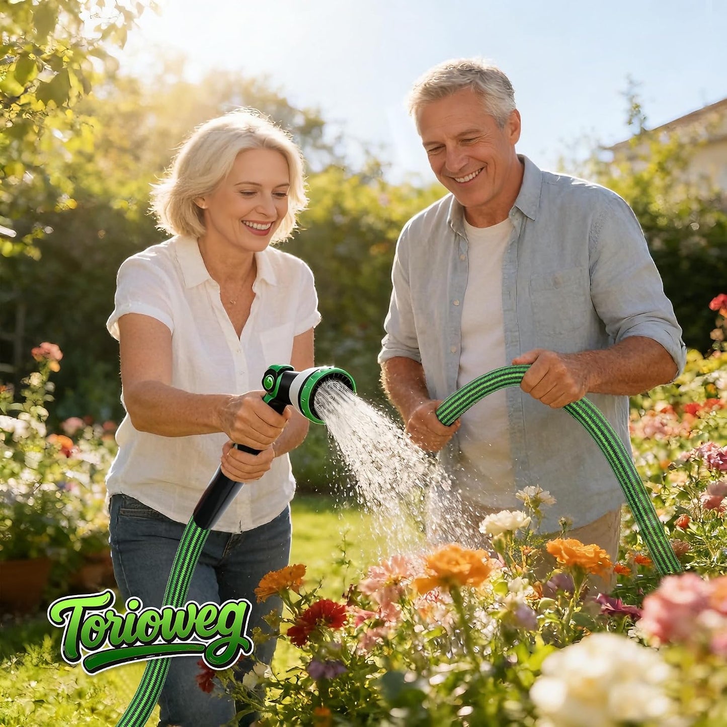Garden Hose 50ft - Lightweight Water Hose, with 10-Pattern Nozzle, Triple-Layer Construction, All-Weather Hose,Flexible and Anti-Kink, Durable for Watering, Outdoor Use