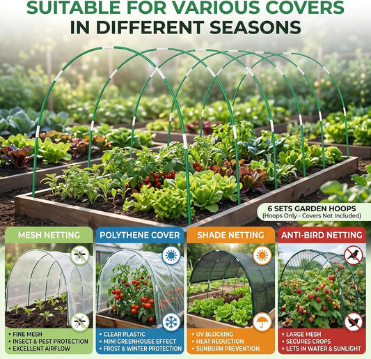 36PCS Garden Hoops for Raised Beds & 30PCS Tomato Clips, Greenhouse Hoops for Netting, Rust-Free Diameter 0.23” Fiberglass Plant Support Garden Stakes Can Cover 2.8ft-3.5ft in Width (36PCS+30 Clips)