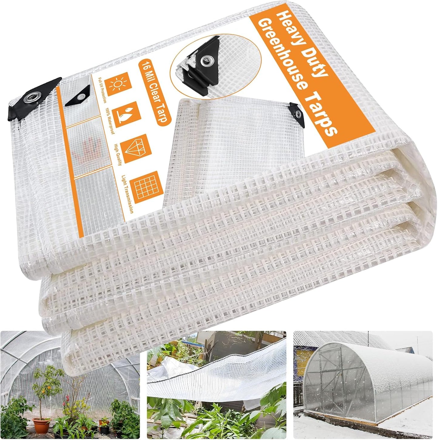 16 Mil Greenhouse Cover,Clear Plastic Tarps Heavy Duty Waterproof 16x20FT