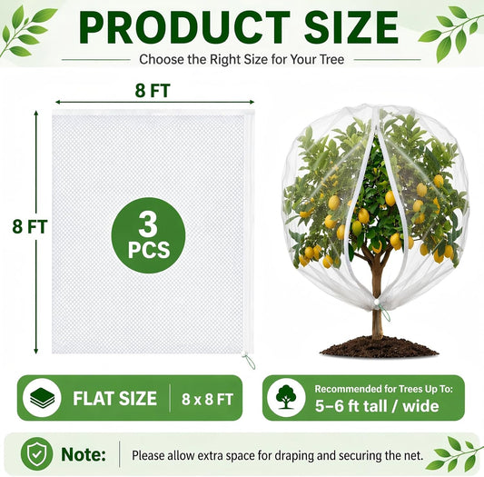 3 Pack 8x8 ft Large Fruit Tree Netting Covers with Zipper & Drawstring