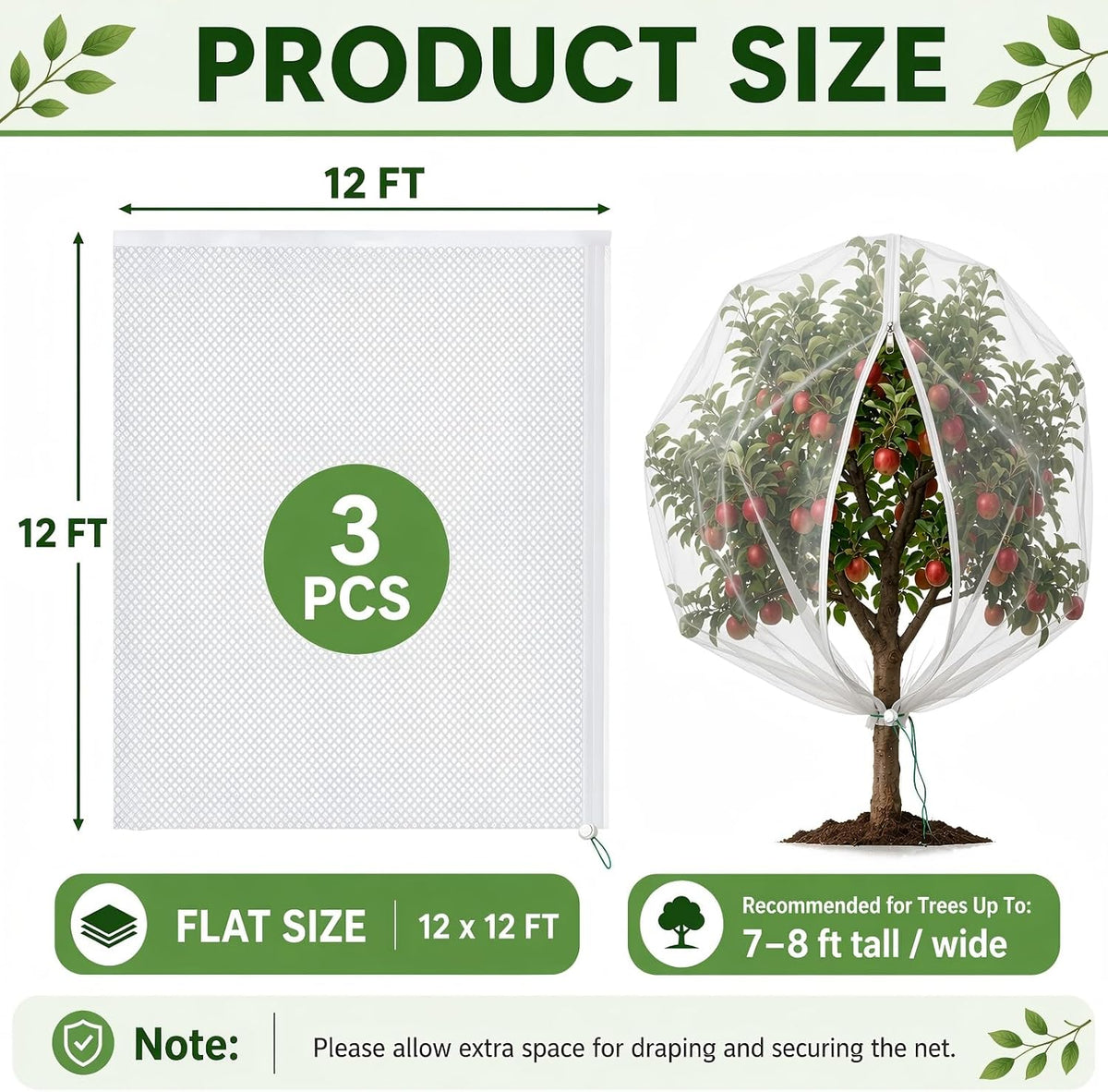 3 Pack 8x8 ft Large Fruit Tree Netting Covers with Zipper & Drawstring