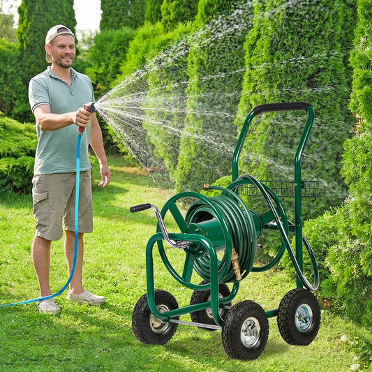 Garden Hose Reel Cart, Water Hose Cart with 4 Wheels, Hold Up to 300 ft of 5/8’’ Hose,Heavy Duty Powder-Coated Steel Planting with Storage Basket, for Garden, Yard and Lawn