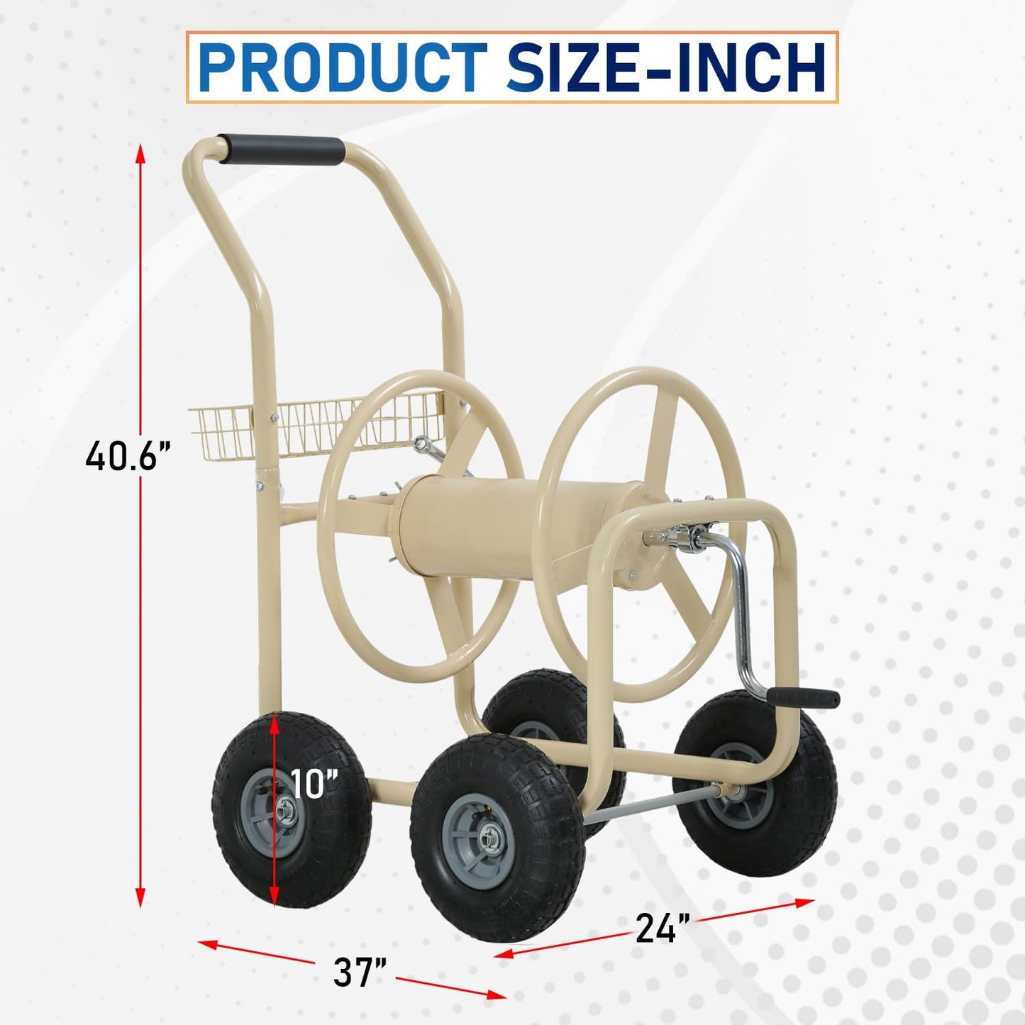 Garden Hose Reel Cart, Water Hose Cart with 4 Wheels, Hold Up to 300 ft of 5/8’’ Hose,Heavy Duty Powder-Coated Steel Planting with Storage Basket, for Garden, Yard and Lawn