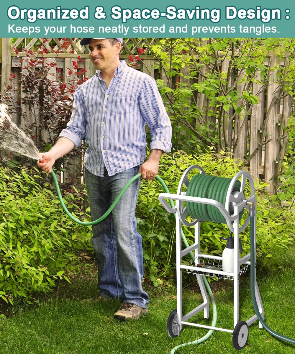 Garden Hose Reel Cart with Wheels, Outdoor Heavy Duty Powder Coated Steel Water Winder Storage Holds 125 ft 5/8" Hose with 3.9ft Leader Hose and Basket for Backyard, Yard, Lawn, Green