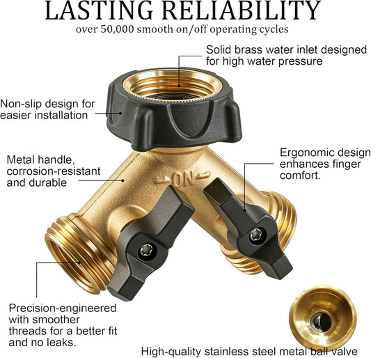 Brass Garden Hose Splitter 2 Way, 3/4 Inch Hose Connector Tap Splitter, Hose Y Splitter, Hose Spigot Adapter 2 Valves with Extra Rubber Washers