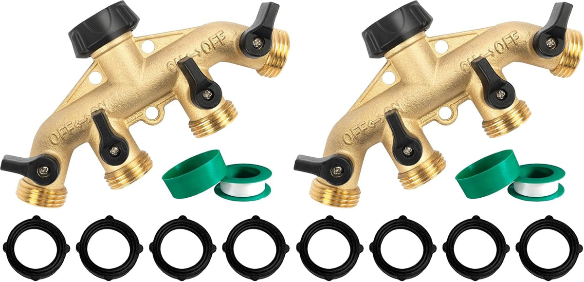Brass Garden Hose Splitter 2 Way, 3/4 Inch Hose Connector Tap Splitter, Hose Y Splitter, Hose Spigot Adapter 2 Valves with Extra Rubber Washers