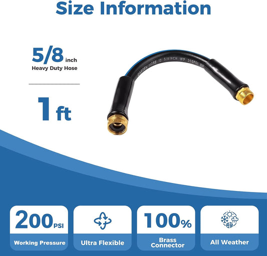 Short Garden Hose 1ft x 5/8",Rubber Leader Hose,Male to Female