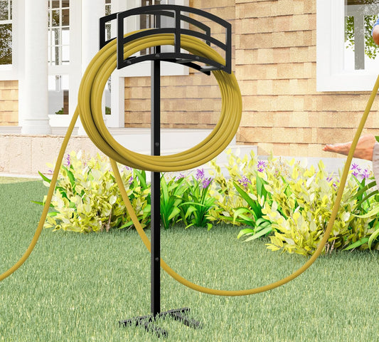 Freestanding Garden Hose Holder Hanger, Heavy Duty Metal Water Hose Holder Storage Stand Rack, Holds 150ft Hose for Outside Patio Lawn and Yard, Black
