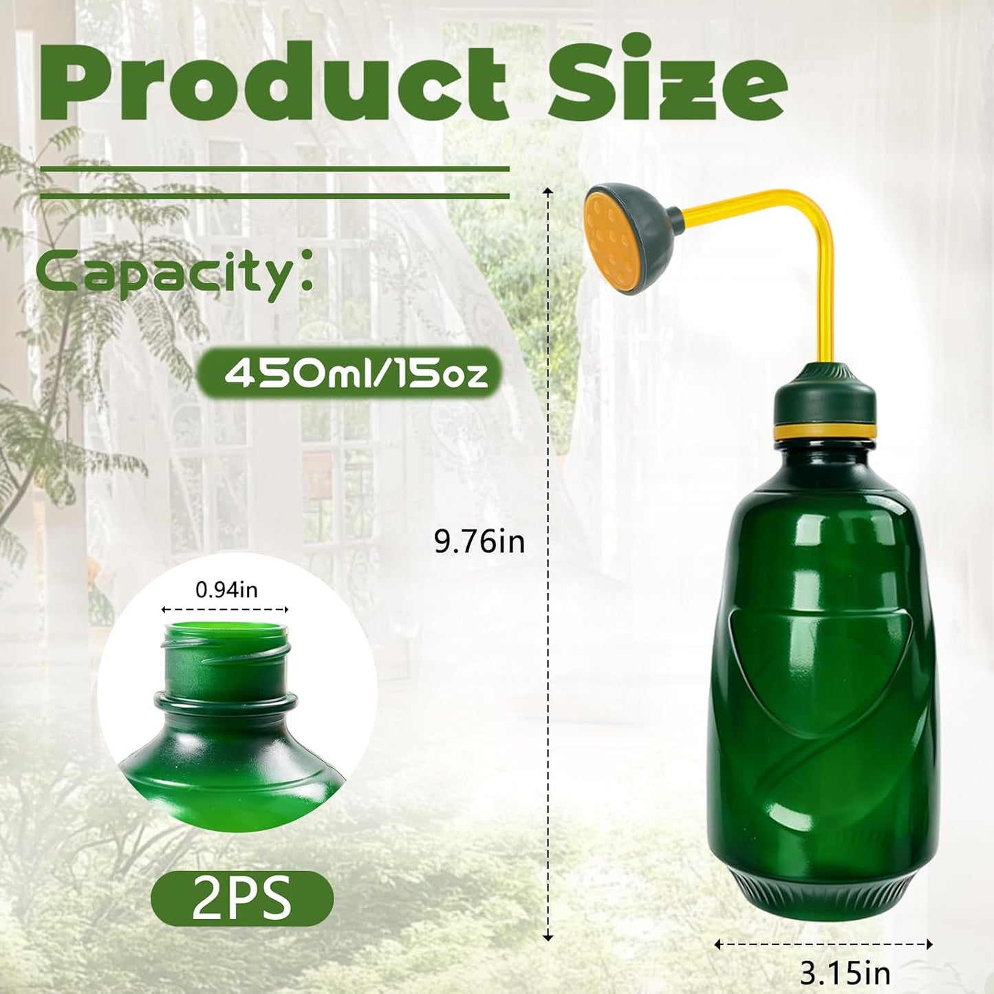 450ML Small Watering Can, 2 in 1 Spray Head for Indoor Plants, Green
