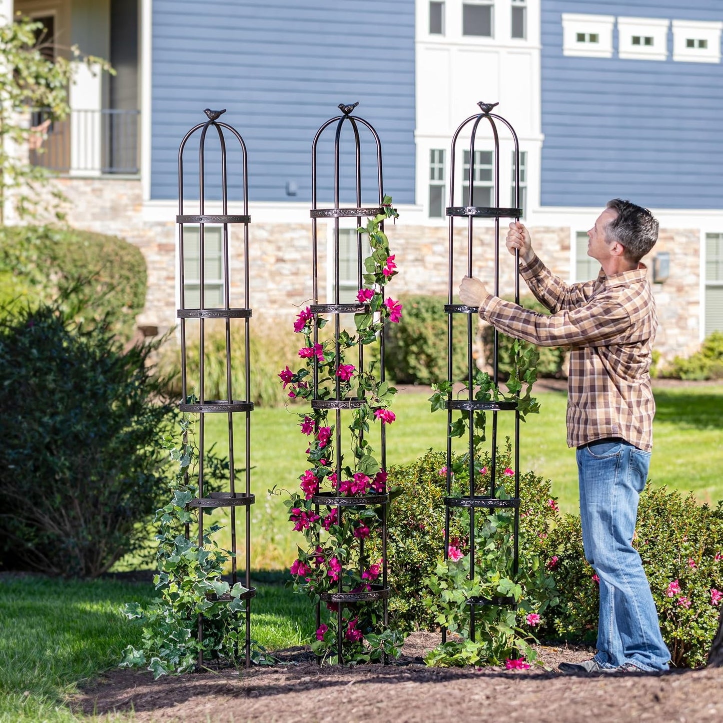 Evergreen 5 ft Garden Trellis for Climbing Plants Vines, Jasmine & Flowers, Rustproof Metal Obelisk Trellises, Outdoor & Indoor Plant Support for Potted Planters (Antique Copper)