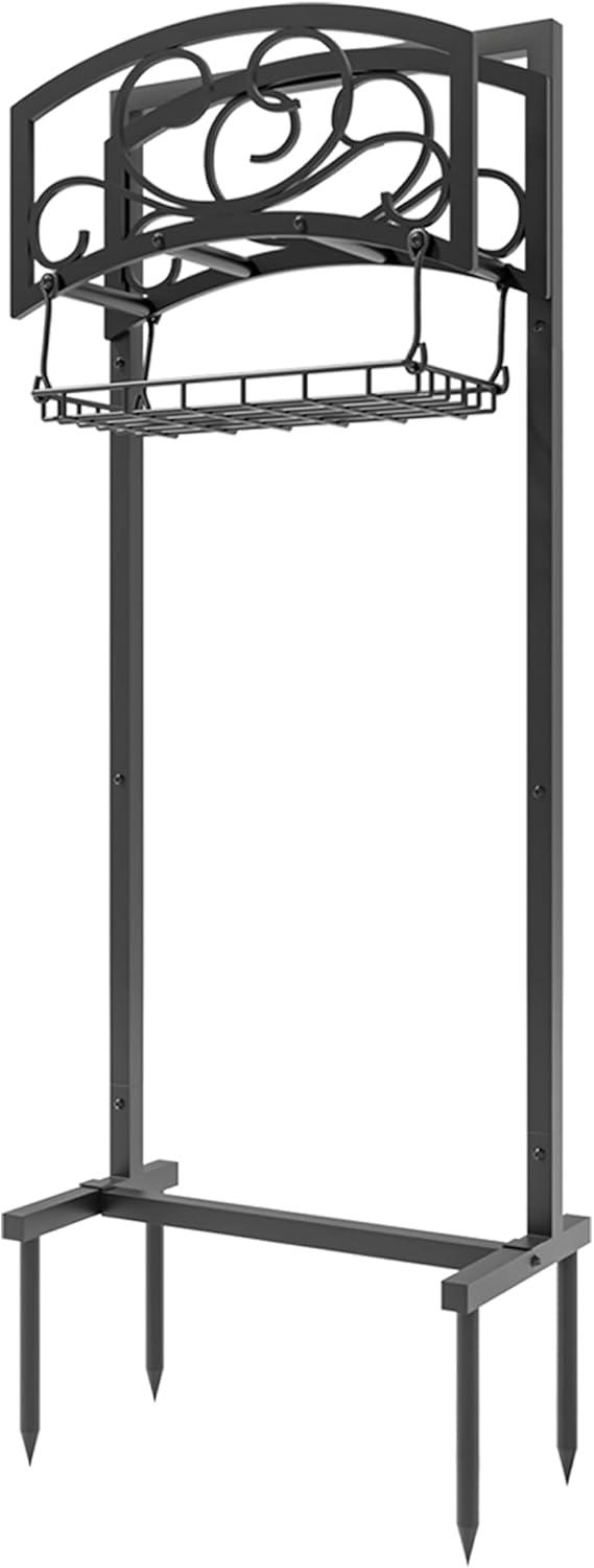 Freestanding Garden Hose Holder with Storage Basket - Heavy-Duty Black Powder-Coated Steel, Holds 150FT Hose, Detachable & Portable Design with Assembly Tools, Ideal for Outdoor Use