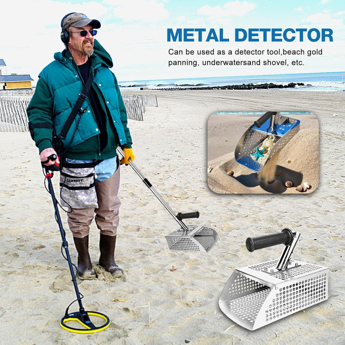 Sand Flea Rake - 51" Long Handle Sand Scoop - Detection Tool with Anti Slip Handle Heavy Duty Stainless Steel Metal Detecting Sand Scoop with Long Handle Ideal for Underwater Treasure Hunting
