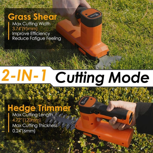 12V Cordless Hedge Trimmer & Grass Shear, 2-in-1 Electric Handheld Shrubbery Trimmer with Battery and Charger Included, Lightweight Garden Bush Cutter for Lawn & Yard Maintenance(Orange)