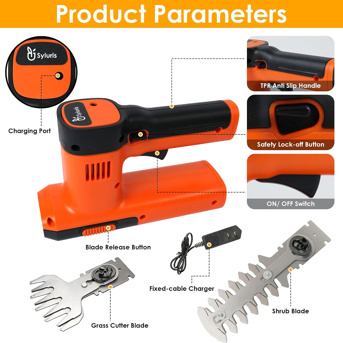 12V Cordless Hedge Trimmer & Grass Shear, 2-in-1 Electric Handheld Shrubbery Trimmer with Battery and Charger Included, Lightweight Garden Bush Cutter for Lawn & Yard Maintenance(Orange)