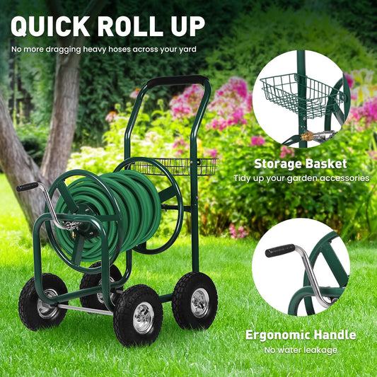 Garden Hose Reel Cart with Wheels, Holds 300-Feet of 5/8-Inch Hose, Heavy Duty Yard Water Planting 4 Wheels Outdoor Garden Lawn Water Truck with Storage Basket, Green