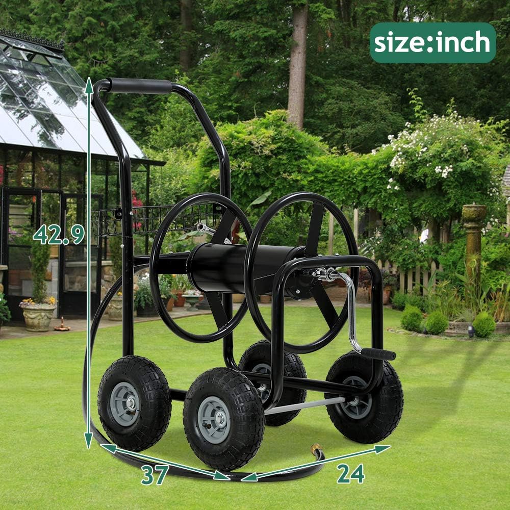 Garden Hose Reel Cart with Wheels, Holds 300-Feet of 5/8-Inch Hose, Heavy Duty Yard Water Planting 4 Wheels Outdoor Garden Lawn Water Truck with Storage Basket, Green