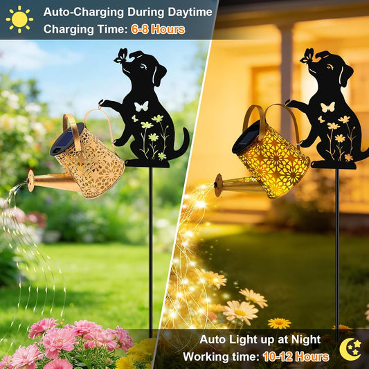 Solar Lights Outdoor,Watering Can with Dog Silhouette Stake