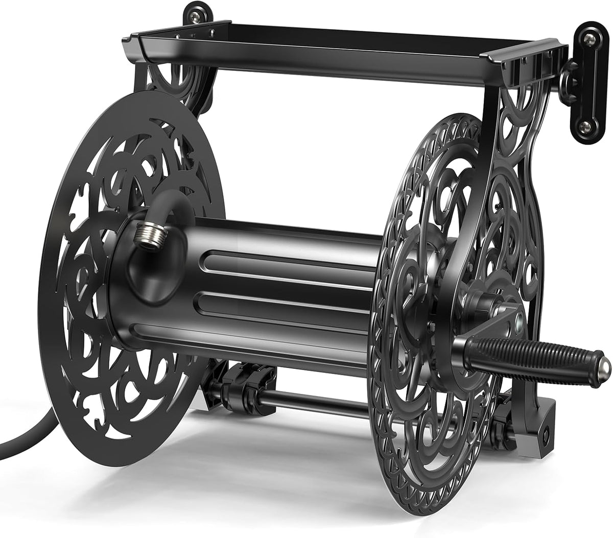 Garden Hose Reel, Decorative Aluminum Frame Hose Holder with 100 ft x 5/8 in Hose, 10-Pattern Nozzle, Never-Leak System, Easy Assembly, Hose Reel Wall Mount Ideal for Backyards, Gardens