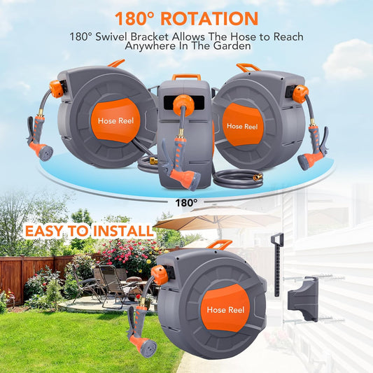 1/2 in x 72 ft Retractable Garden Hose Reel, Wall Mounted, 9-Function Nozzle, Any Length Lock, 180° Swivel, Auto Slow Rewind for Watering Lawn, Washing Car, Cleaning Patio