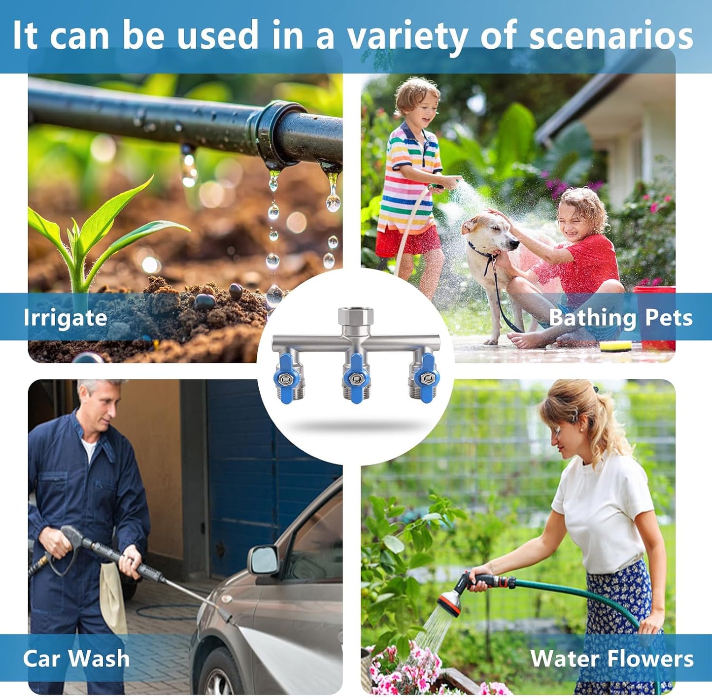 304 Stainless Steel Garden Hose Splitter 4 Way Heavy Duty, Full Flow T Valve Water Hose Splitter With 2.1" Extra Long Handle, Lead-free,3/4" GHT Thread Connector For Outdoor Spigot Faucet