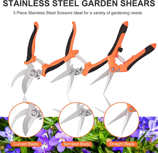3 Pcs Garden Pruning Shears, Stainless Steel Gardening Scissors