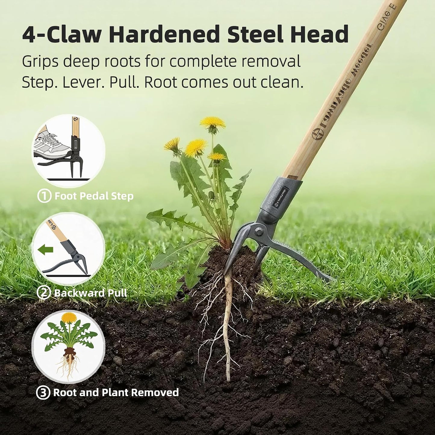Stand Up Weeding Tool, 4-Claw Steel Head, Non-Slip Bamboo Handle