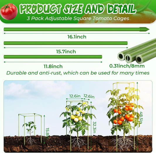 3 Pack Square Tomato Cages with 3 Pcs Zippered Plant Netting Covers, 48.5 in Adjustable 3-Tier Tomato Plants Trellis, Drawstring Plant Protection for Climbing Vegetables, Fruit, Flowers