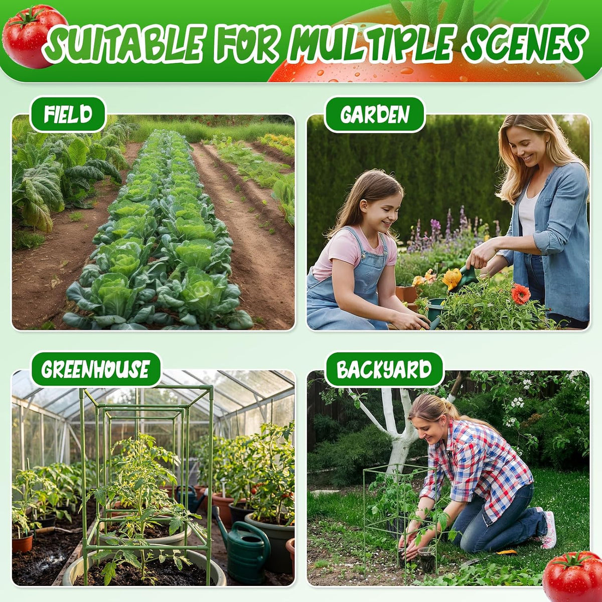 3 Pack Square Tomato Cages with 3 Pcs Zippered Plant Netting Covers, 48.5 in Adjustable 3-Tier Tomato Plants Trellis, Drawstring Plant Protection for Climbing Vegetables, Fruit, Flowers