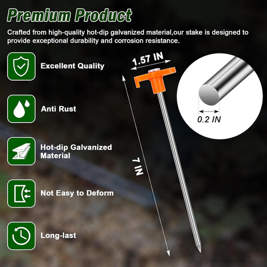 Heavy Duty Tent Stakes 7 Inch, 10 Pack Galvanized Steel Camping Pegs, Ground Anchors for Tents, Canopy and Tarp, Rust Resistant Metal Stakes with High Visibility Orange Heads for Outdoor