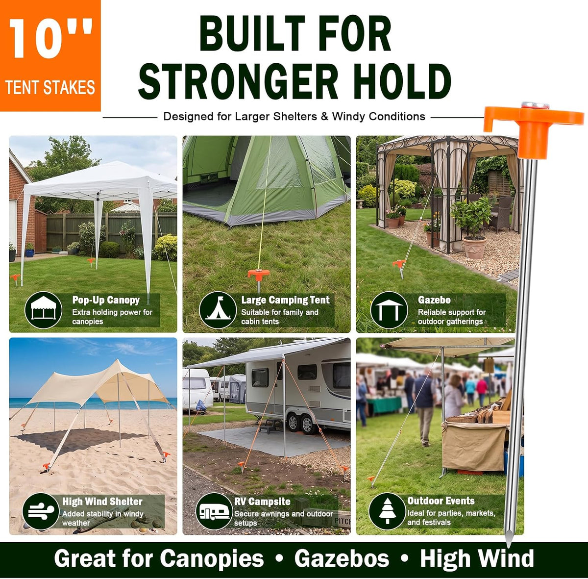 Heavy Duty Tent Stakes 7 Inch, 10 Pack Galvanized Steel Camping Pegs, Ground Anchors for Tents, Canopy and Tarp, Rust Resistant Metal Stakes with High Visibility Orange Heads for Outdoor