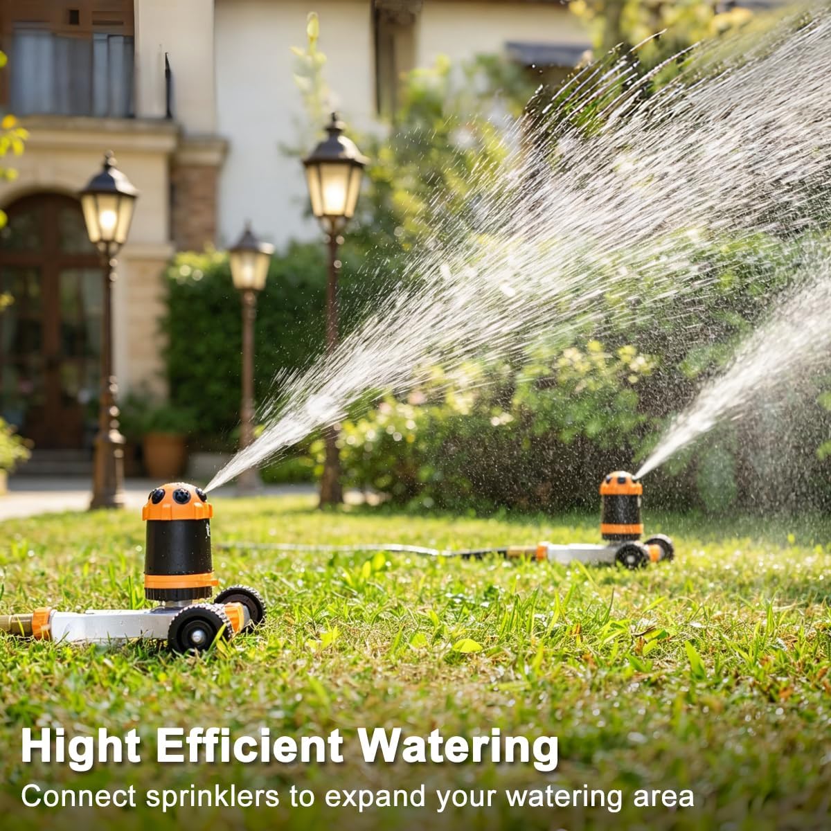 Gear Drive Lawn Sprinkler with Metal Wheel Base, Heavy Duty 6-Pattern Water Sprinkler System, Adjustable Irrigation Sprinkler for Large Area Watering, Garden Plant, Yard and Flower Bed