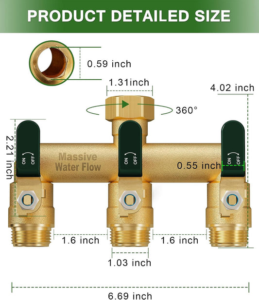 3 Way Hose Splitter, Heavy Duty Full Flow Garden Water Hose Bib Spigot Splitter, Brass Rust and Freeze Resistant Outdoor Faucet Splitter, T Adapter Connector with 3/4 - Inch GHT Thread (Green)