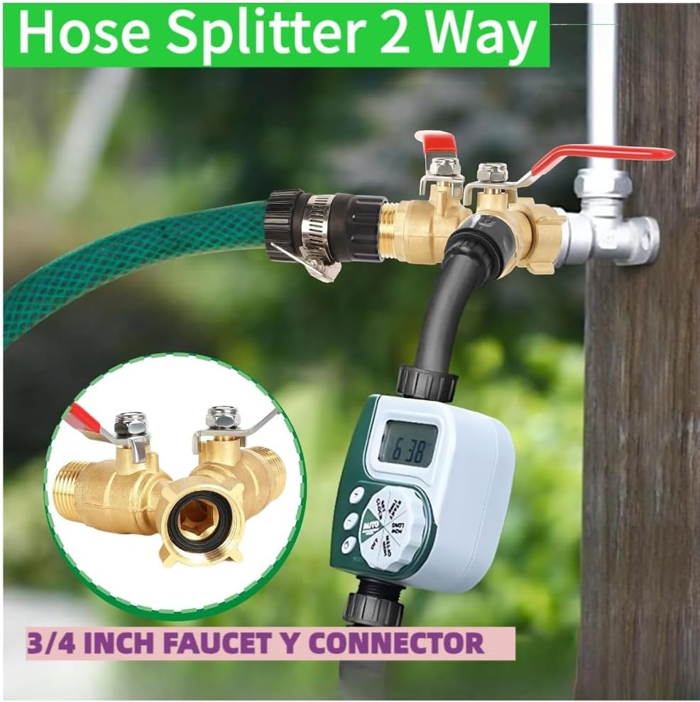 Hose Splitter 2 Way Heavy Duty Brass Garden Hose Splitter with 304 Stainless Steel Long Handle Outdoor Full Flow Hose Splitter Connector,Y Valve 3/4
