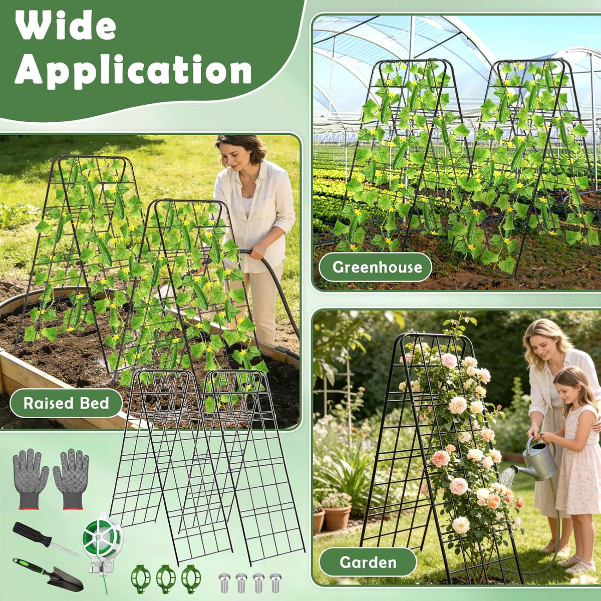 Cucumber Trellis 43.3’’x15.7’’ with Twist Tie and Clips, A-Frame Garden Trellis for Climbing Plants Heavy Duty Metal Plant Support for Cucumber, Grape, Tomato, Pea, Bean, Flower, Raised Bed