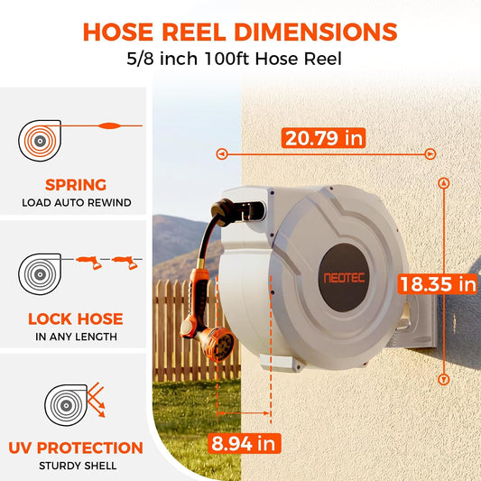 100ft 5/8 Inch Retractable Garden Hose Reel with Any-Length Lock Slow Auto Rewind Heavy Duty Hose Reel With 9-Pattern Nozzle 180° Swivel Bracket UV Resistant Wall Mounted Hose Reel for Outside