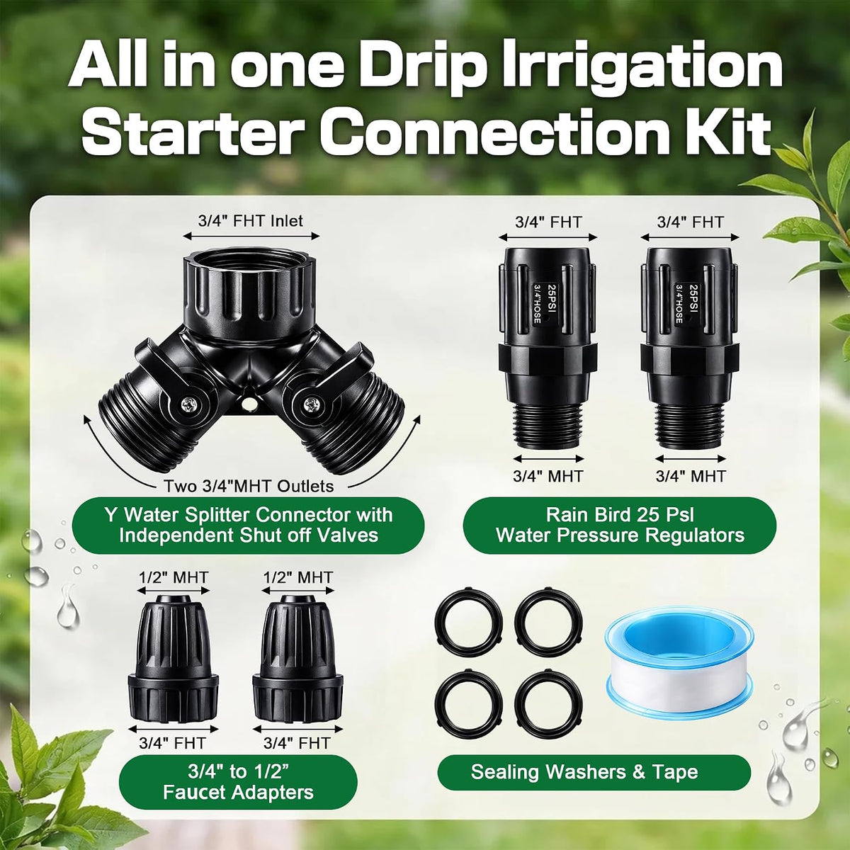 6 Pcs Drip Irrigation Kit, Included 2 Way Y Water Splitter Connector, 2 Pcs 25 PSI Garden Hose Pressure Regulator and 2 Pc 1/2 Inch Irrigation Tubing Hose Adapter for Drip Irrigate System