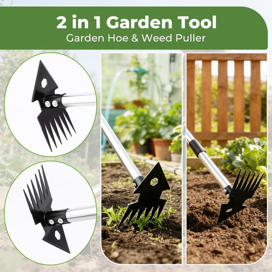 2-in-1 Weed Puller Tool,Dual-Head Garden Hoe Weeder Tool with Long Handle,Heavy Duty Manganese Steel Weeding Tool for Gardening,Uprooting Weed Remover for Yard Lawn Patio and Garden