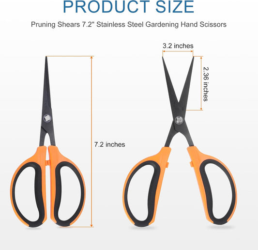 Trimming Scissors 7.2" Stainless Steel Garden Shears with Non-Stick Coating & Straight Precision Blade Hand Pruning Snips for Cutting Flowers