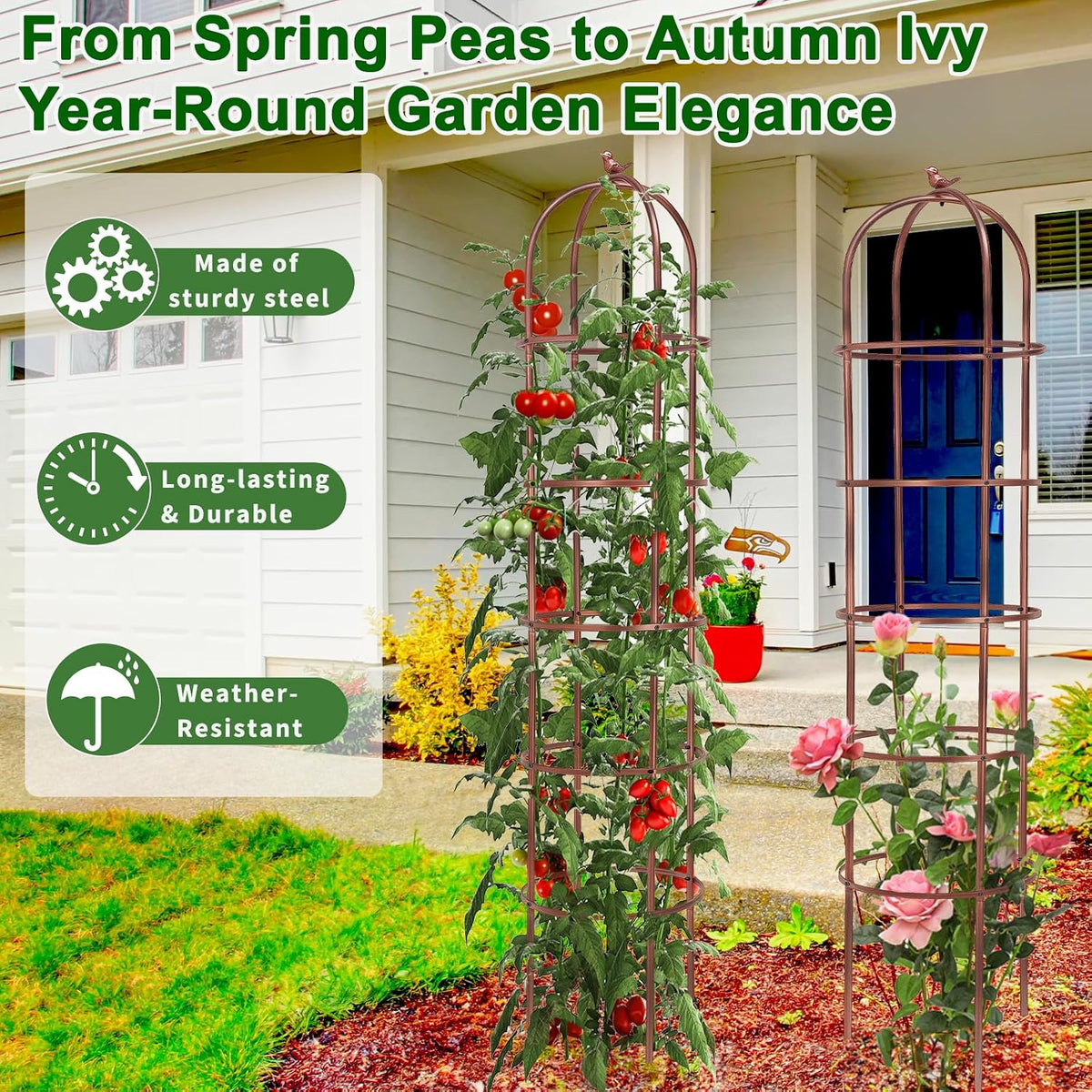 2 Pack 7Ft Heavy Duty Metal Garden Obelisk Trellis for Climbing Plants, Rust-Resistant Steel Vine Support Bird Finial for Rose Clematis, Potted Flowers Stand Indoor Outdoor Decor (Rose Gold)