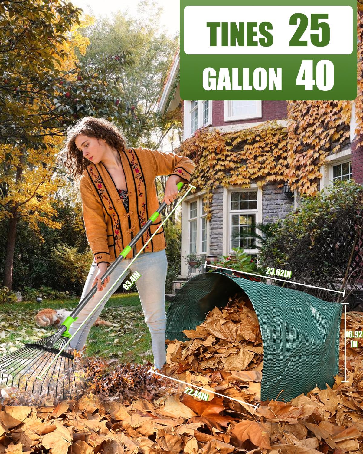 65 Inch 25 Tines Metal Leaf Rake Set with 32 Gal Bags Scoops, 18in Wide