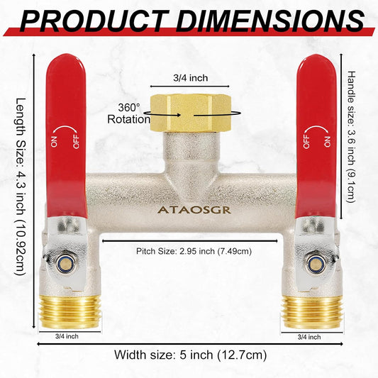 Garden Hose Splitter, 2 Way Heavy Duty Outdoor Faucet Splitter, Extra Long Handles High Flow Hose Adapter,with Shutoff Valves,3/4" GHT Thread