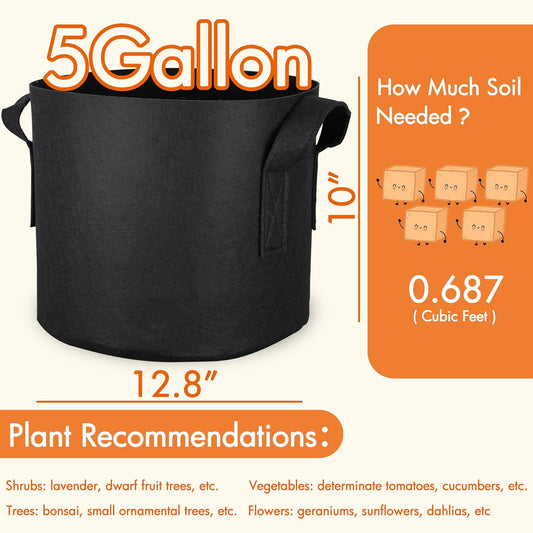 10-Pack 5 Gallon Grow Bags Fabric Pots with Heavy Duty Handles