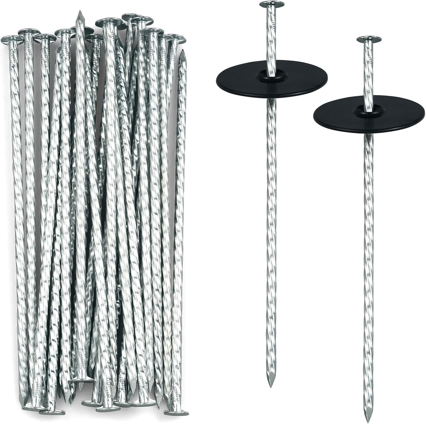 8 Inch Heavy Duty Landscape Stakes with Gasket Caps - 50 Sets Galvanized Spiral Garden Spikes Kit for Securing Weed Barrier Fabric, Artificial Turf, Tent and More
