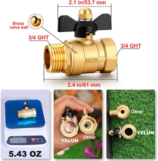 Garden Hose Brass Shut Off Valve Full Flow, No Restricted-Flow Water Shut-Off Connector, 3/4" GHT x 3/4" GHT Garden Hose Full Port Ball Valve Adapter (Butterfly Handle)