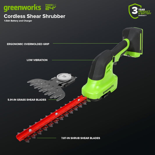24V Cordless Shear Shrubber, 1.5Ah USB Battery and Charger Included