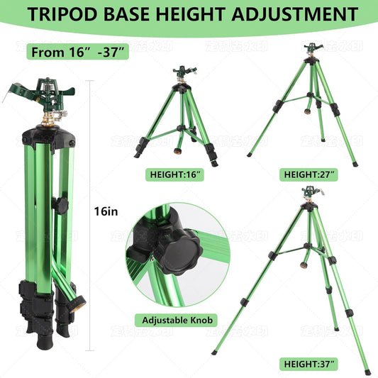 Green Zinc Alloy Water Bird Sprinkler, Heavy Duty Tripod Base Garden Sprinkler, 360 Degree Large Area Irrigation, Durable Flip Lock Legs & Adjustable Nozzle, 2 Pack