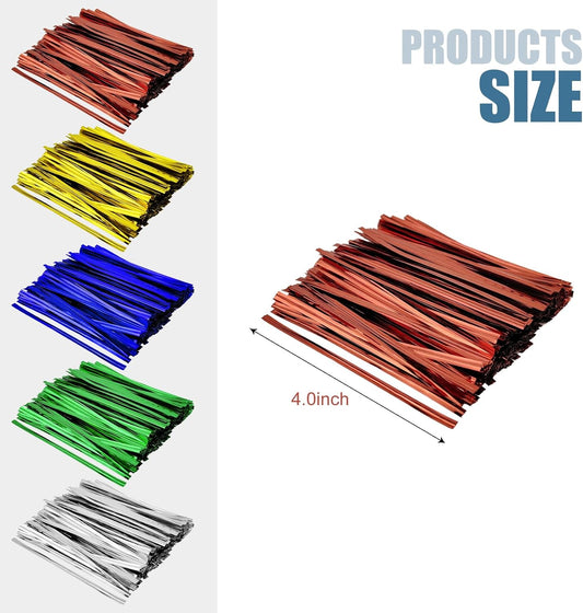 400 Pcs Metallic Twist Ties 4-Inch, Foil Twist Ties for Bread Bags, Candy Bags, Gift Bags, Snack Bags, and Party Favor Wrapping (Gold)